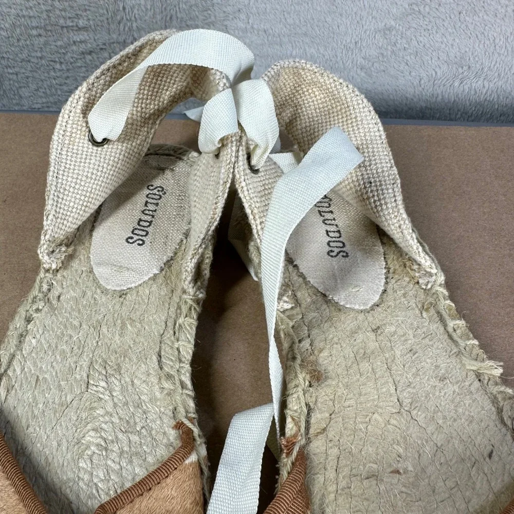 Soludos Espadrille Flats Womens 9 Tan Striped Calf Hair Ribbon Tie Coastal Boho